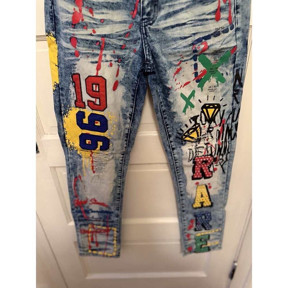 Rue21 Premium Skinny Acid Wash Graphic Jeans Blue Multicolor Denim grunge 36x32 - Picture 2 of 6